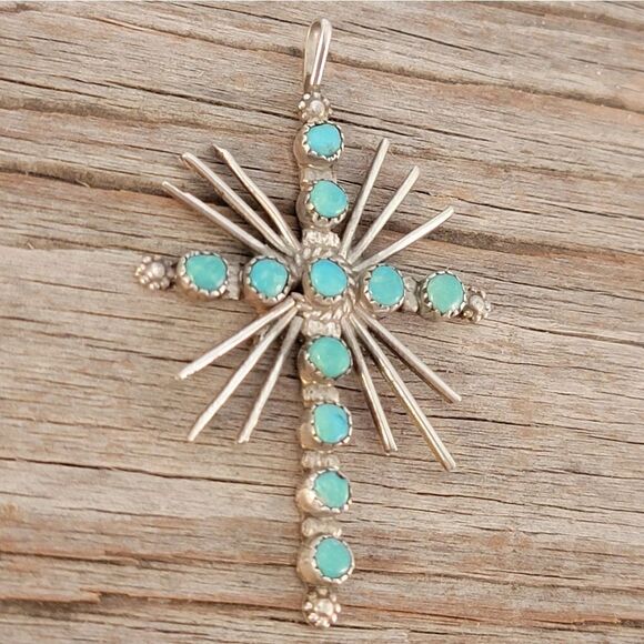 Vintage Sterling Zuni Green Turquoise Light Rays Cross - Picture 4 of 7